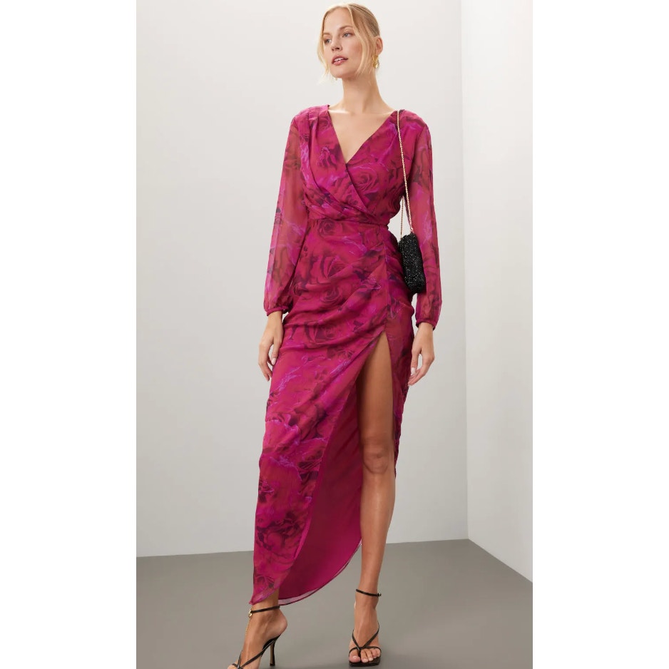 Amanda Uprichard Dress Womens Small Pink Floral Roma Gown Ruched Slit Side