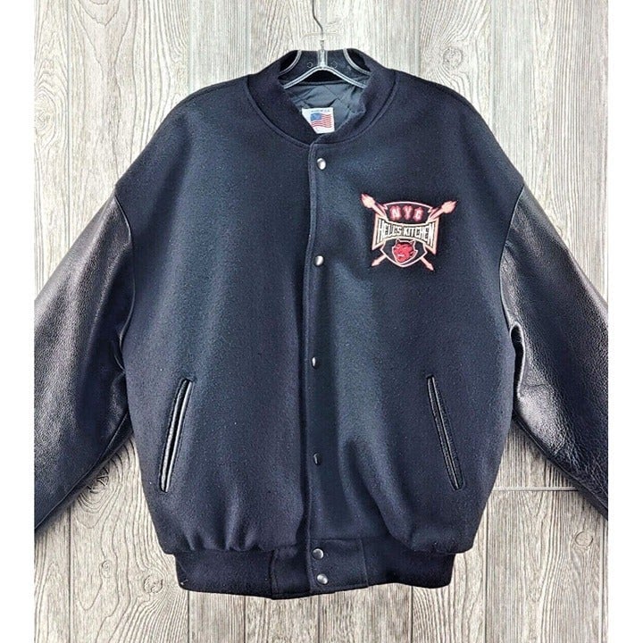 NYC HELLS KITCHEN Bomber Jacket Mens Large Leather Sleeves Vintage USA