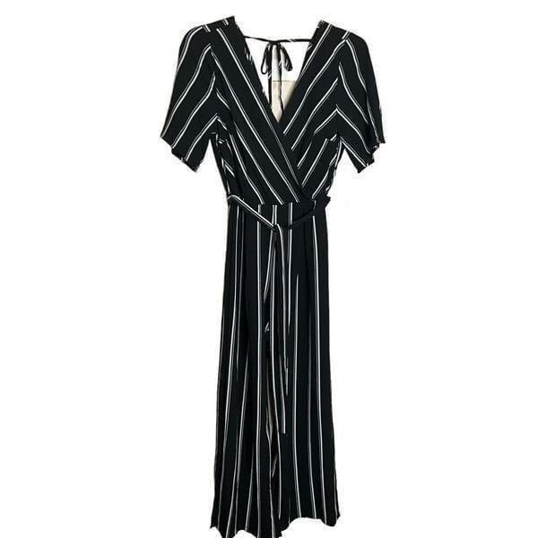 Trixxi Clothing Company Womens Large Jumpsuit Black White Stripe Tie Front NWT