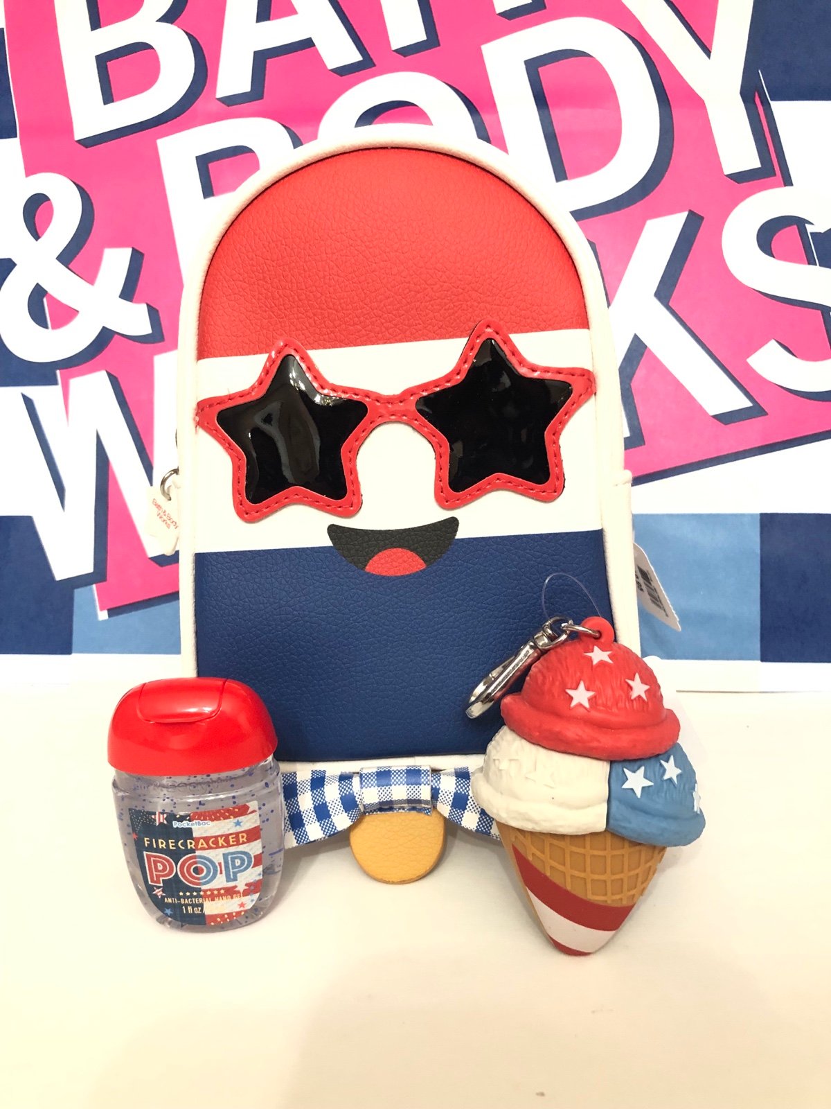 BBW 4th July Firecracker Pop Mini Backpack Bag W/ Pocket Bac Holder & Sanitizer