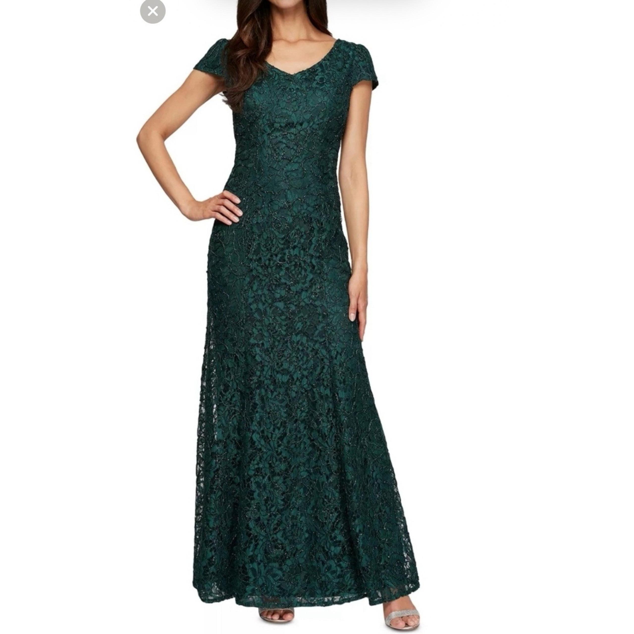 Alex Evenings Women's Long Rosette Mother of The Bride Dress with Short Sleeves