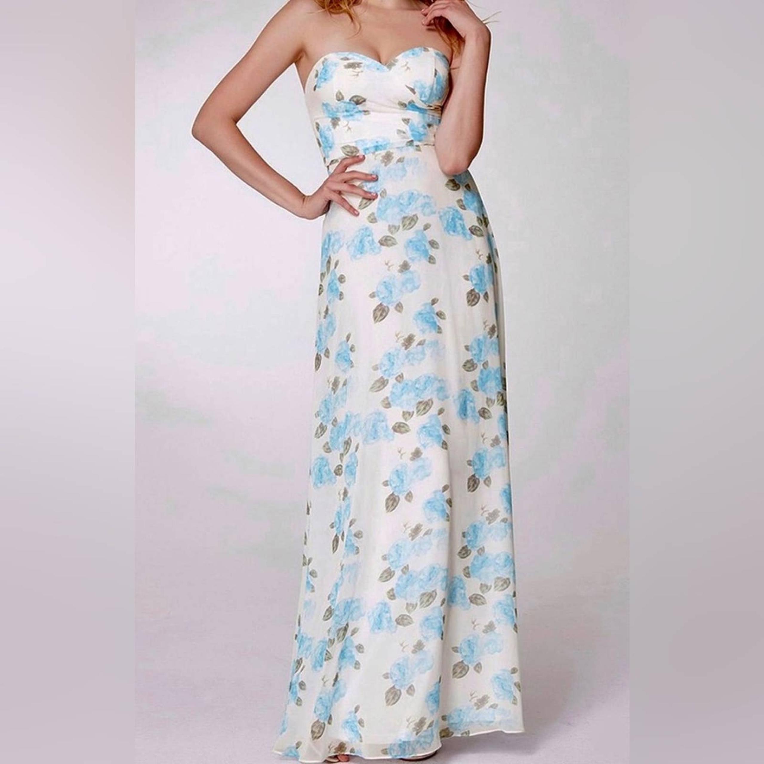 Ever Pretty Cream & Sky Blue Roses Sheer-Overlay Strapless Maxi Dress Women Sz16