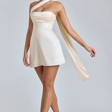 Oh Polly ANASTASIA Draped Halterneck Satin Mini Dress in Ivory