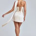 Oh Polly ANASTASIA Draped Halterneck Satin Mini Dress in Ivory