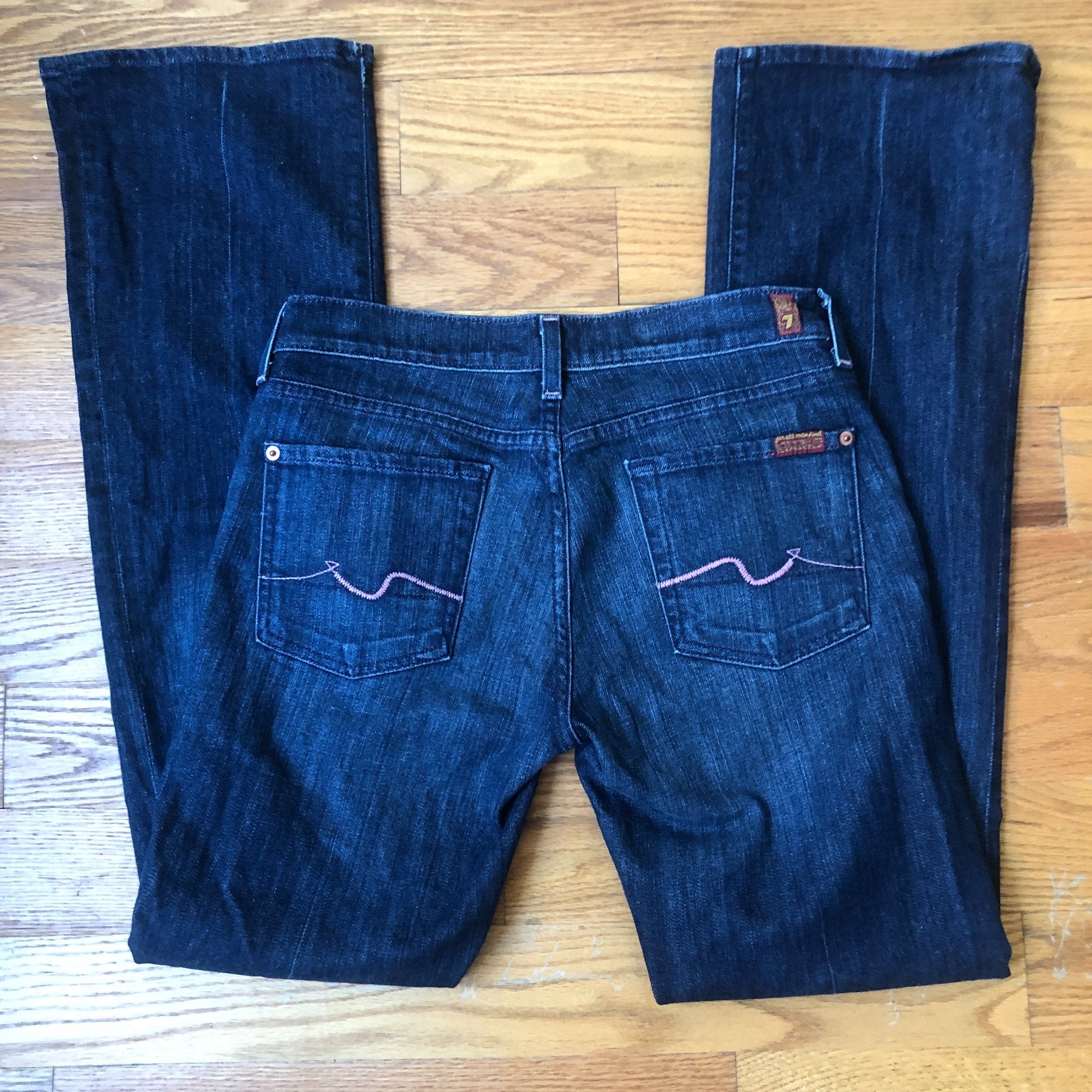 7 FOR ALL MANKIND Bootcut Y2K Pink Stitch Boho Retro Dark Wash Jeans | Size 29
