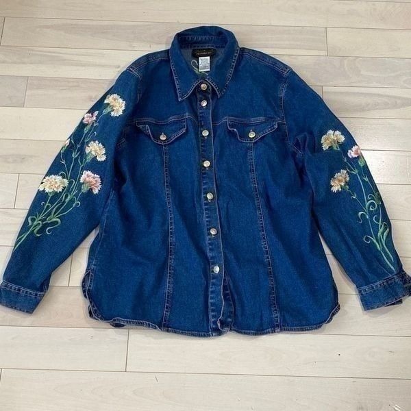Bob Mackie Women's Wearable Art Denim Button Front Jacket Dark Blue Medium