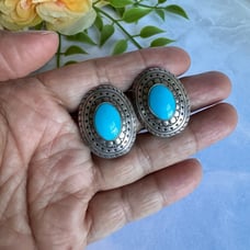 Vintage TK Southwestern Sterling Silver Turquoise Oval Concho Earrings