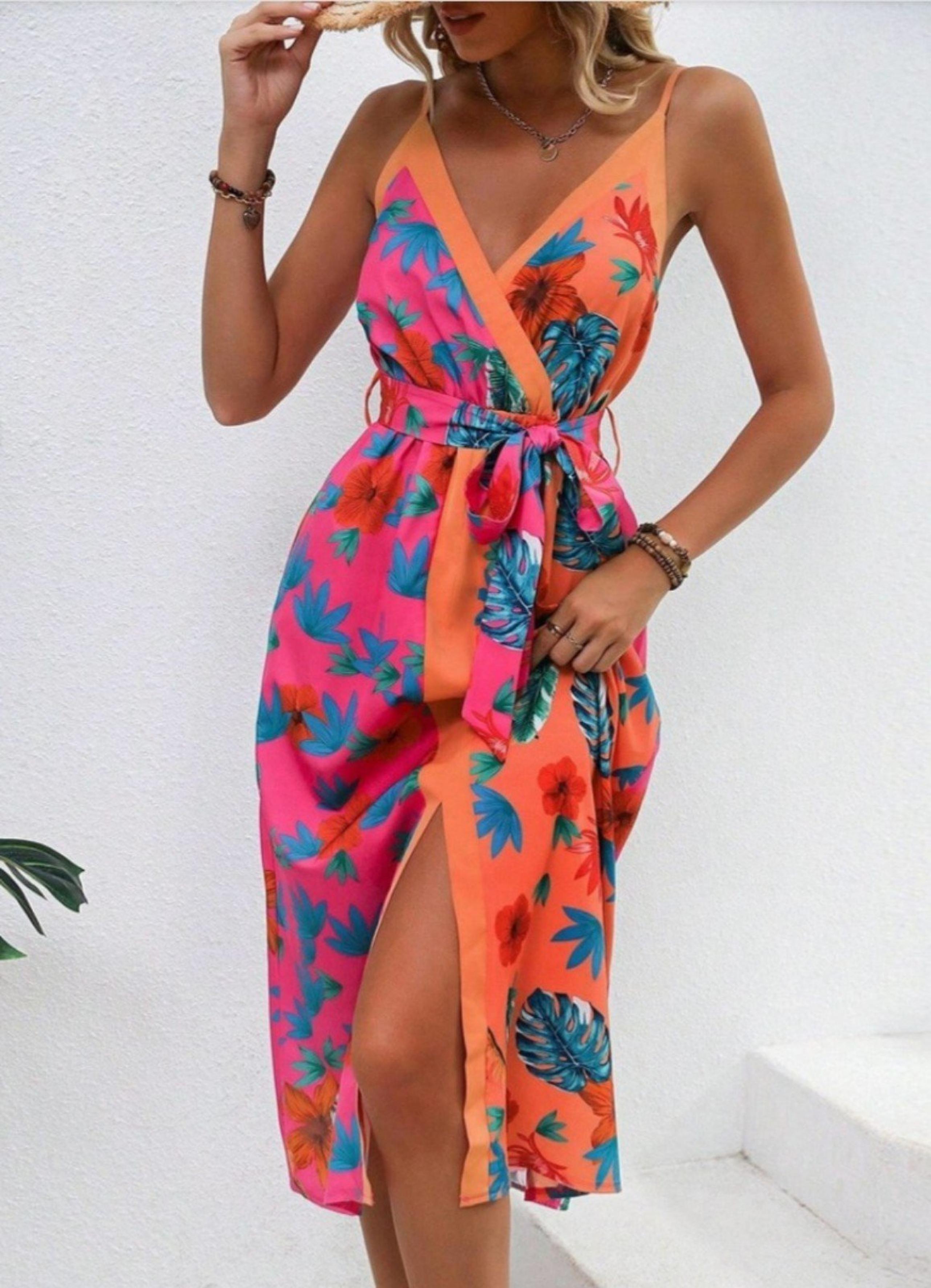 boho Sexy Tropical Print Split-Thigh Midi Dress