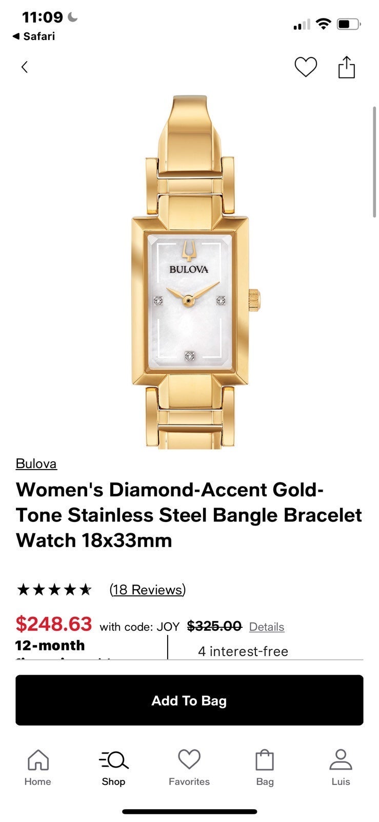 Women's Diamond-Accent Gold-Tone Stainless Steel Bangle Bracelet Watch 18x33mm