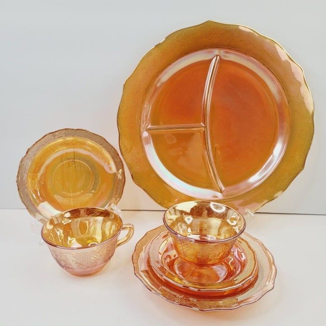 6 pc VTG Federal Glass Marigold Normandie Iridescent Dinnerware 1 Single Set
