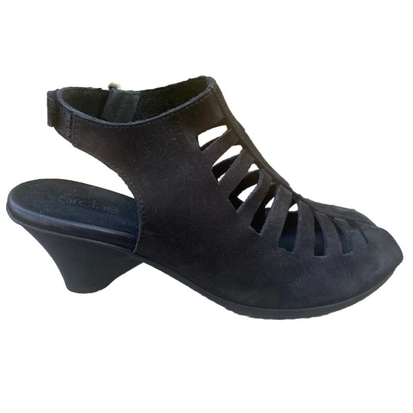Arche Sandals 5.5 Black Nubuck Leather Exor Peep Toe Slingback Cutout 354
