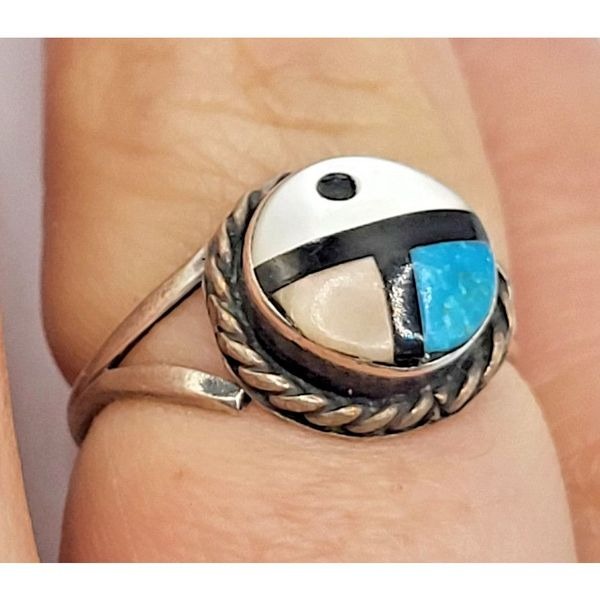 Little Zuni Sun God Sterling Silver Turquoise Abalone Coral Ring sz 6