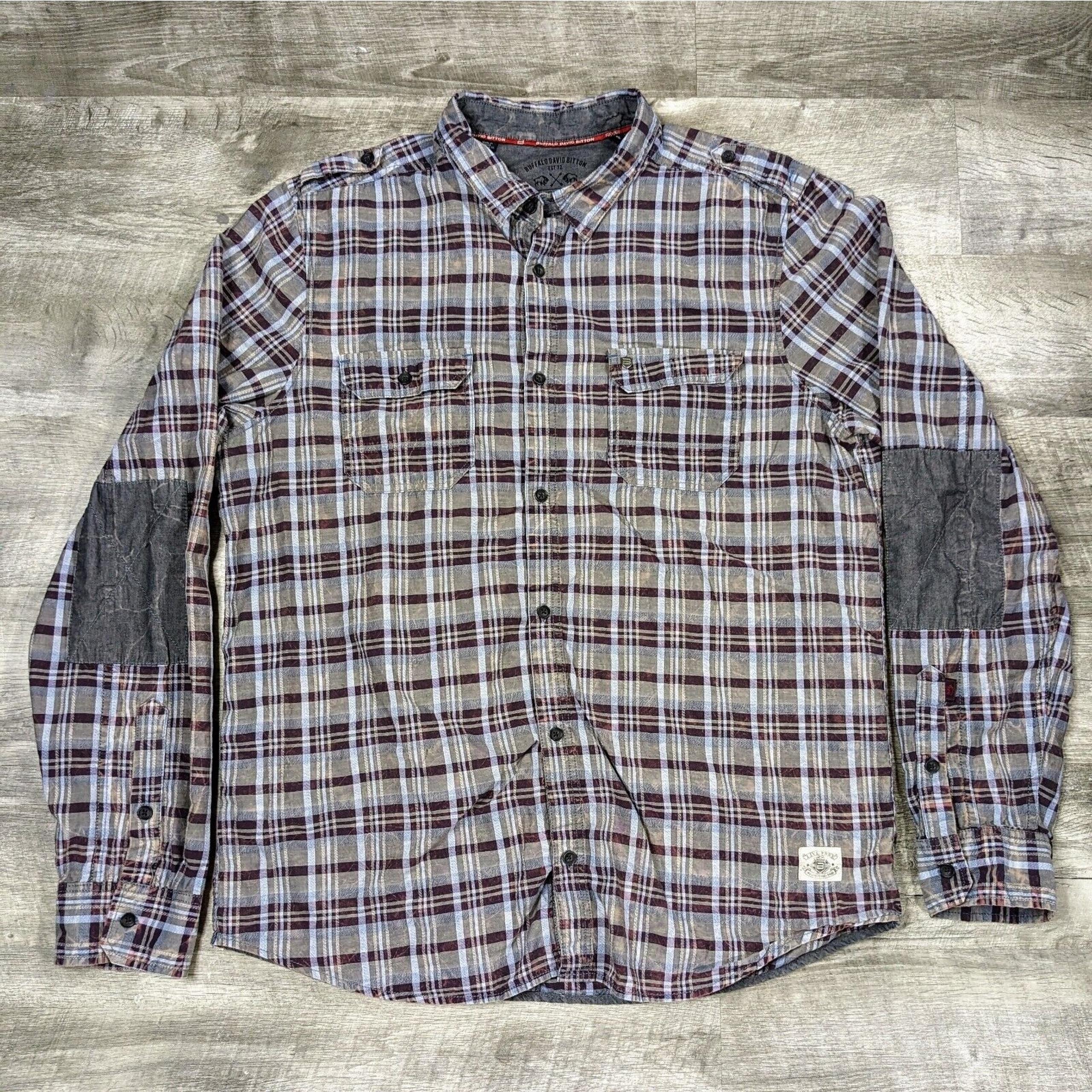 Buffalo David Bitton Shirt Mend XL Gray Plaid Button Up Elbow Patch Biker Grunge