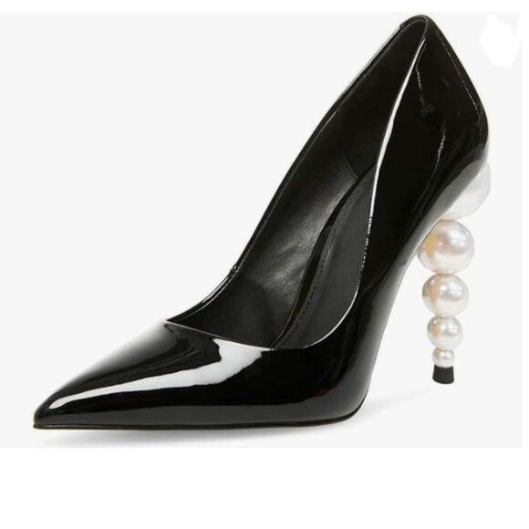 FSJ Black Slip On Pearl Beaded High Heel Pump Pointed Toe Mirror Effect Shoe