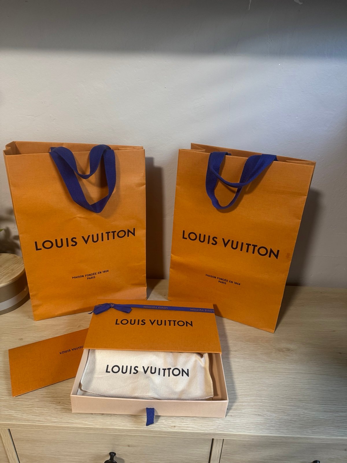 Louis Vuitton Shopping Bags, Box, Dust Bag, and Receipt Envelope