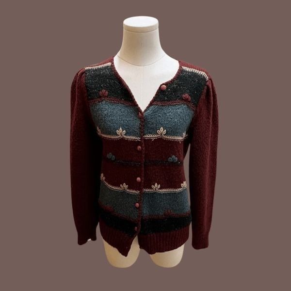 Vintage 1950s Flocks Sheep Knit Cardigan - Burgundy & Blue Embroidery