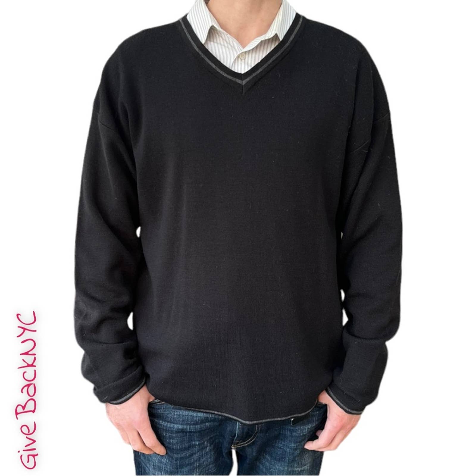 Wool Domani V-neck Sweater in Black Size XXL