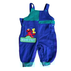 Vintage Sesame Street Elmo Color Block Overalls Baby 12M Blue Green Romper READ