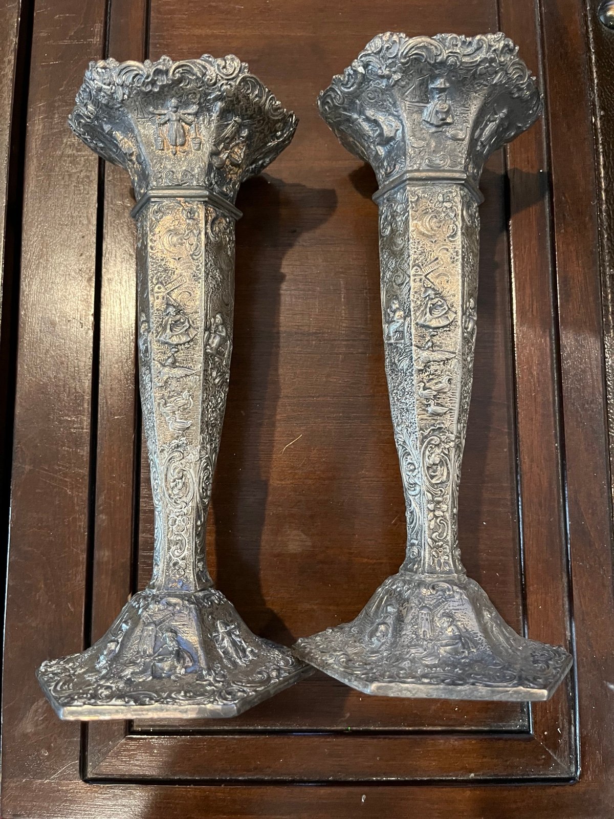 Vintage Antique Spelter Fluted Dutch theme Scene candlesticks with hexagon base