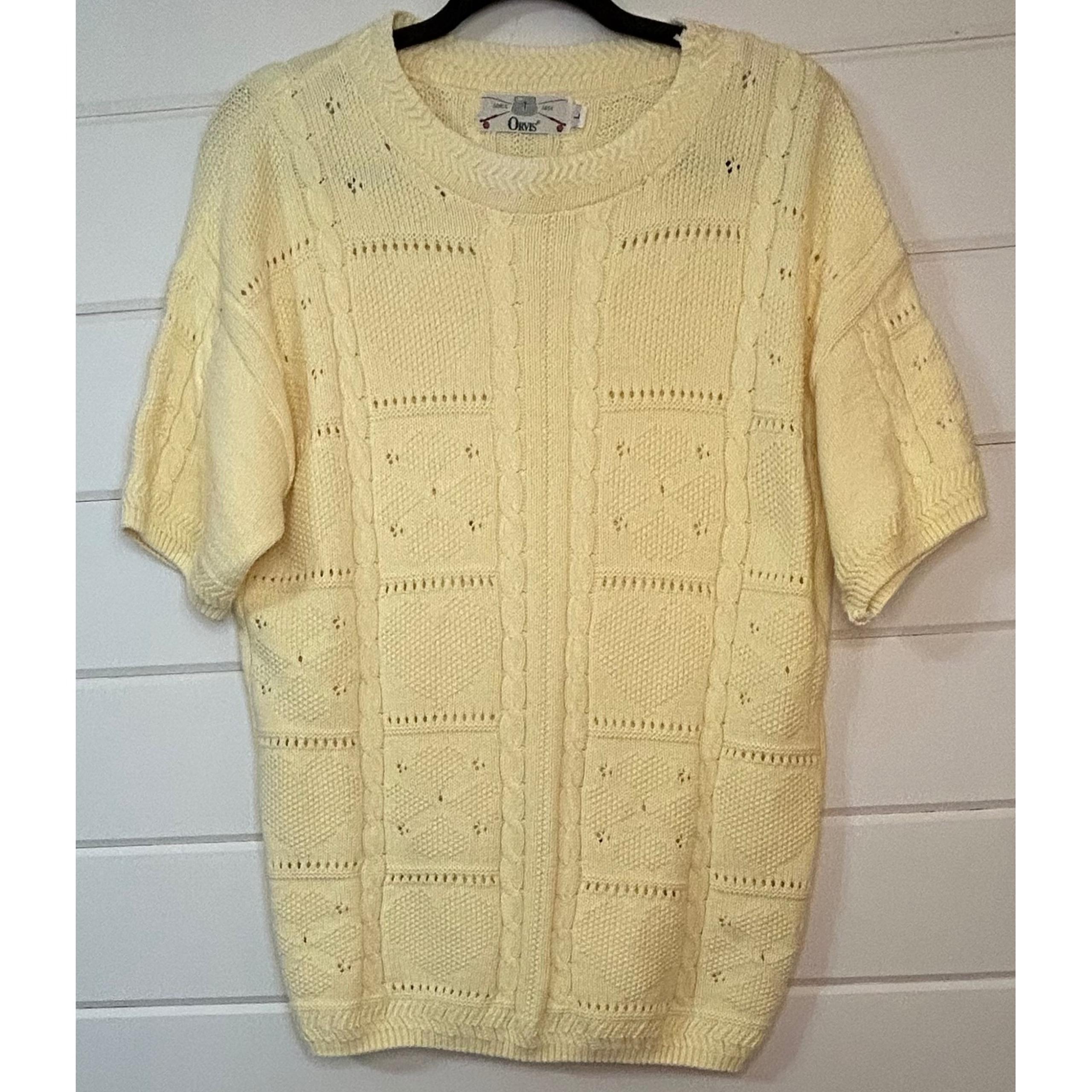 ORVIS Women's Sz L Butter Yellow Cotton Short Sleeve Knit Sweater Cottage Core