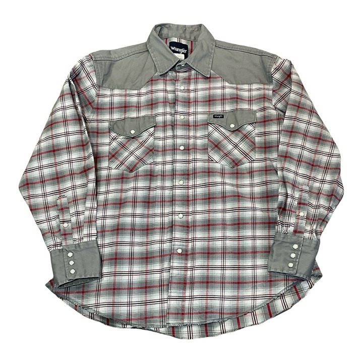 Wrangler Western Pearl Snap XL Canvas Gray Plaid Cowboy Brushpopper Rodeo Vtg