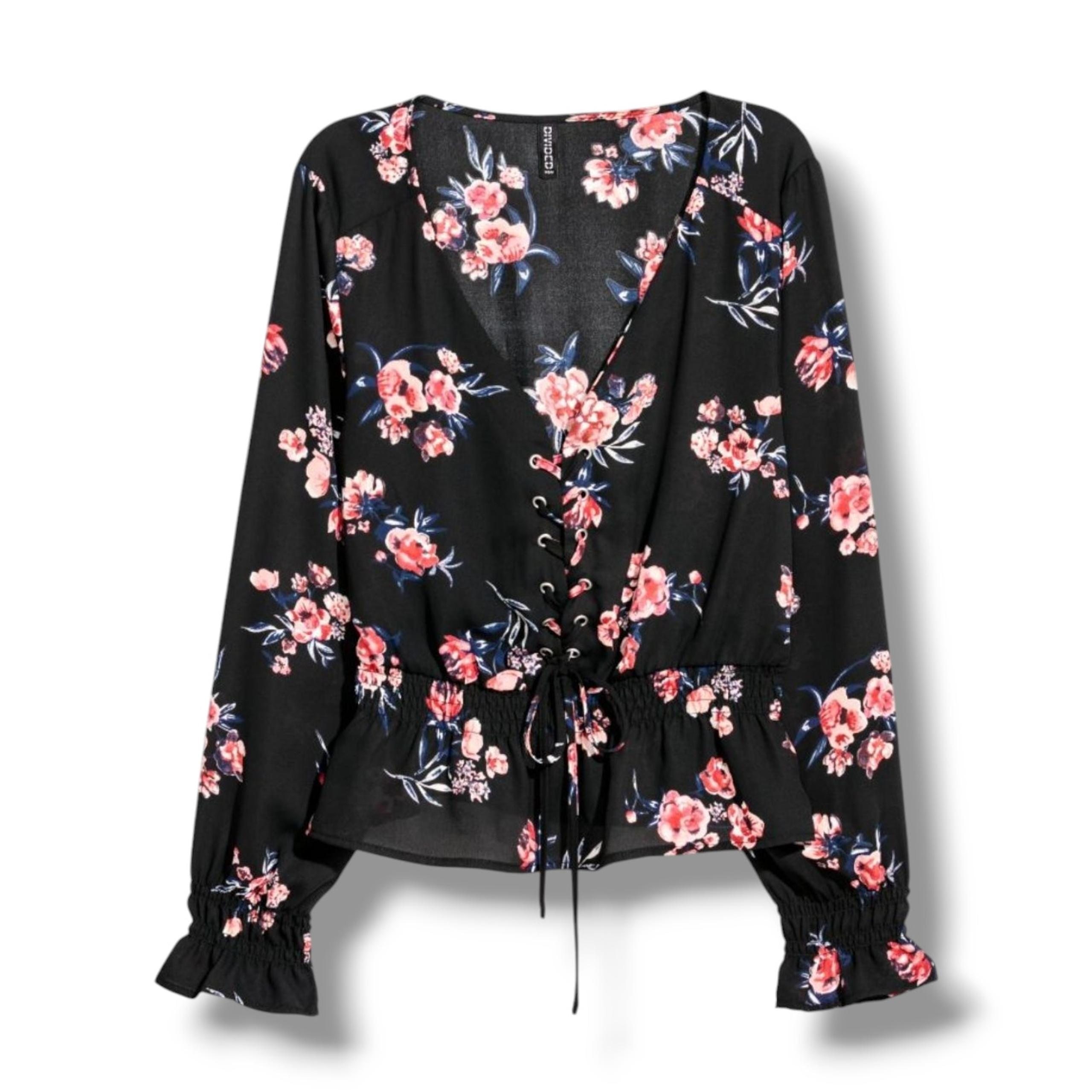 Divided by H&M women's black floral long sleeves smocked lace up front Blouse