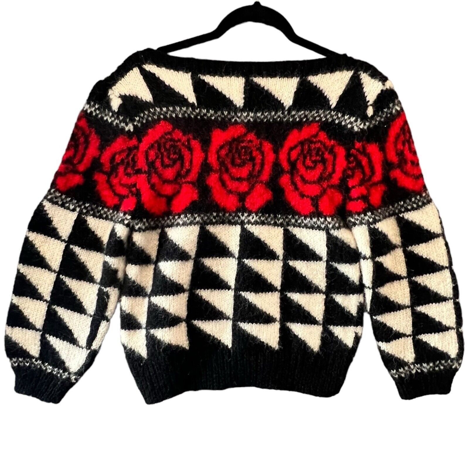 70s Halston Optic Roses Wool Sweater Womens L Geometric Whimsigoth Grunge Retro