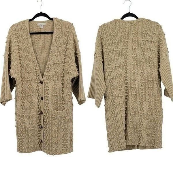 Vintage 70's Faconnable cardigan sweater wool long 3D knobby granny core tan S