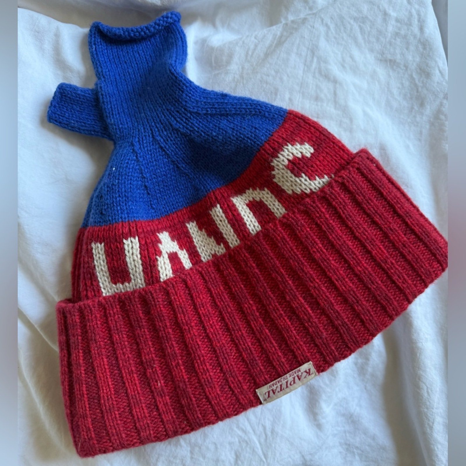 Kapital blue hands knitted beanie.