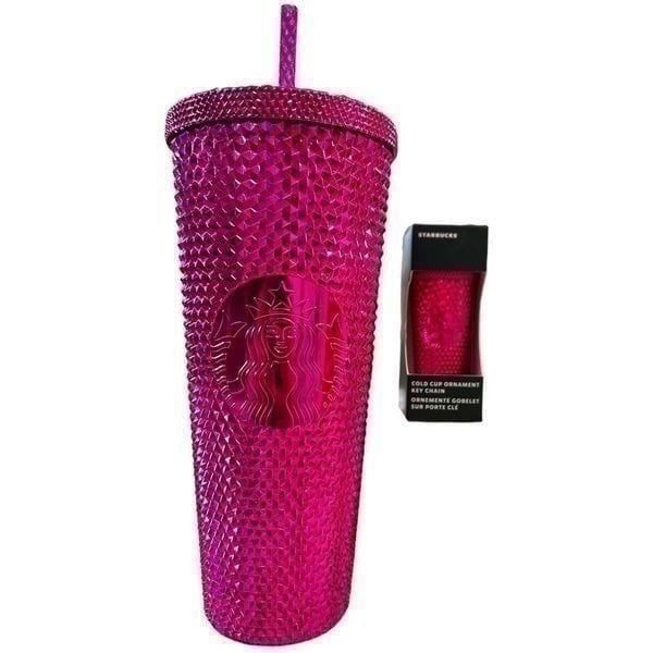 Starbucks Pink, fuchsia chrome 24oz tumbler with Key Chain Bundle