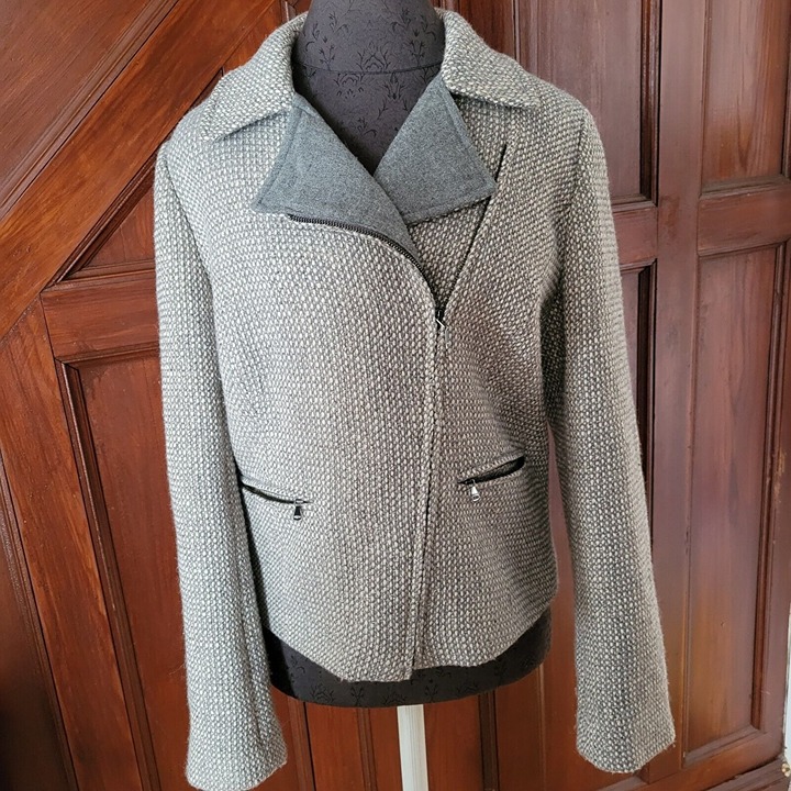 Talbots Womens Moto Jacket Coat Sz 12 Wool Blend Zip Front Tweed Metallic Gray