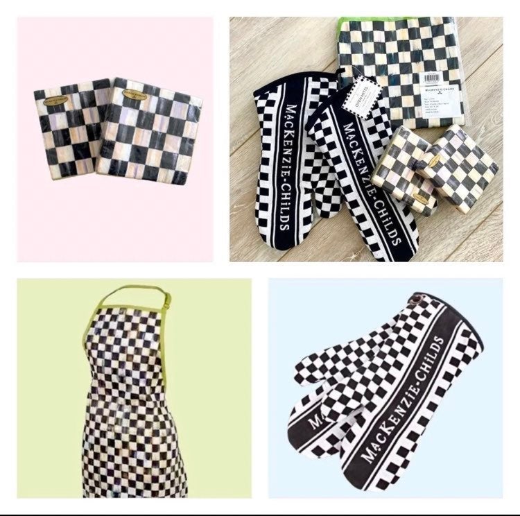 Mackenzie Childs Courtly Check Kitchen Set: Apron, Oven Mitts & Napkins✨BRAND NE high-quality merchandise and convenient, honest service