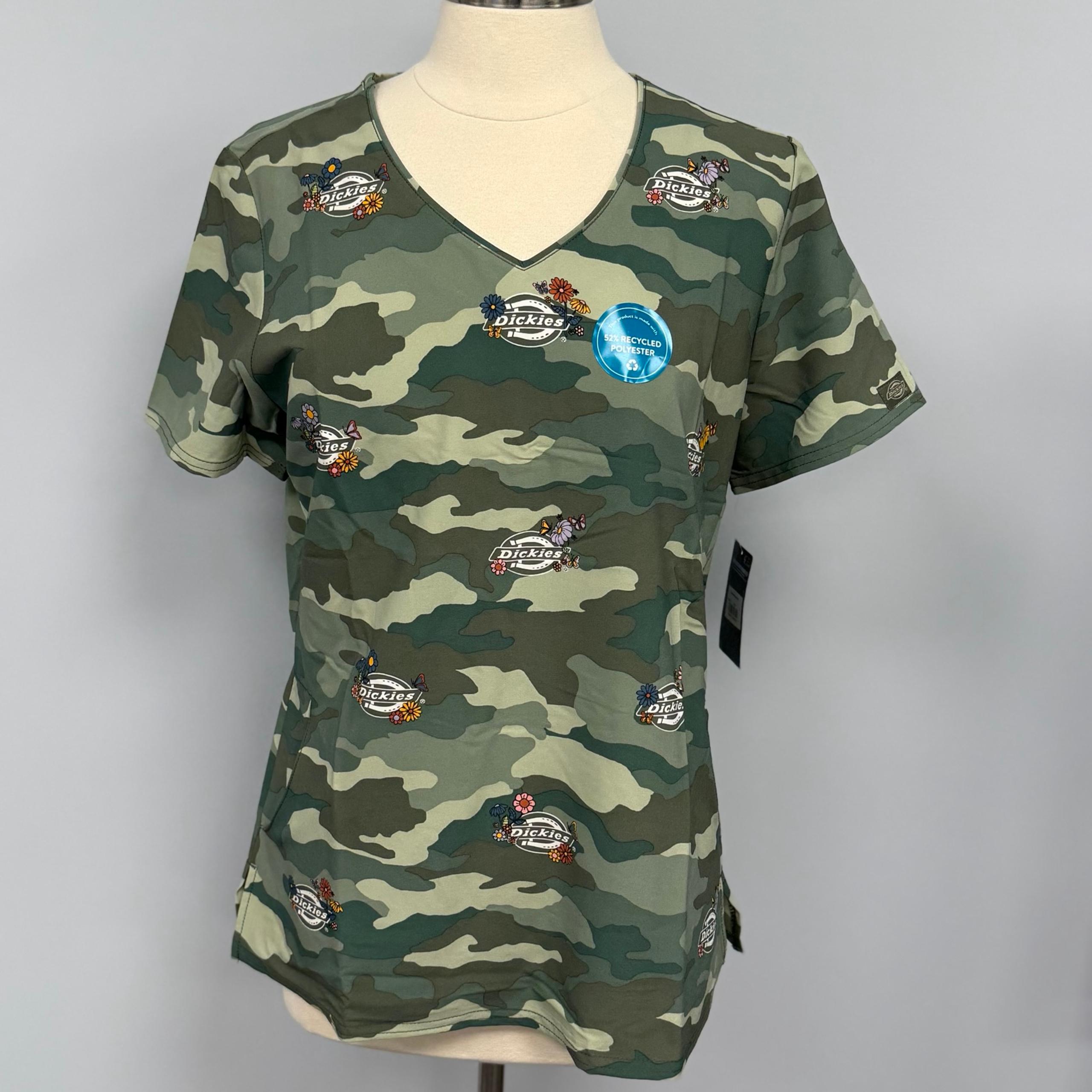 NWT Dickies Scrub Top L Ditsy Bloom Camo Scrubs Butterfly Logo Flowers Uniform