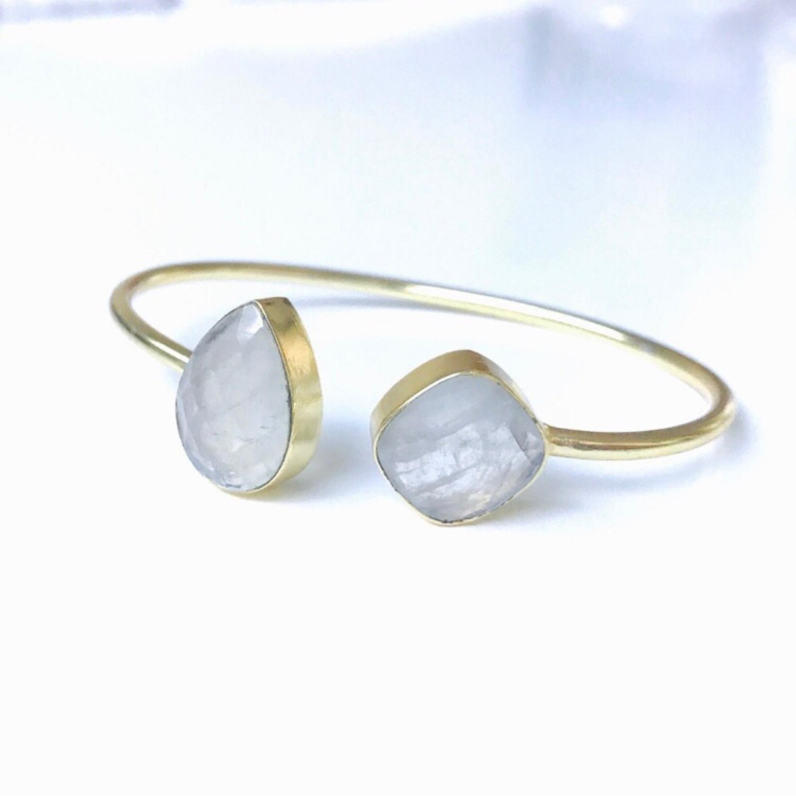 Rainbow Moonstone 14K Gold Cuff Bangle