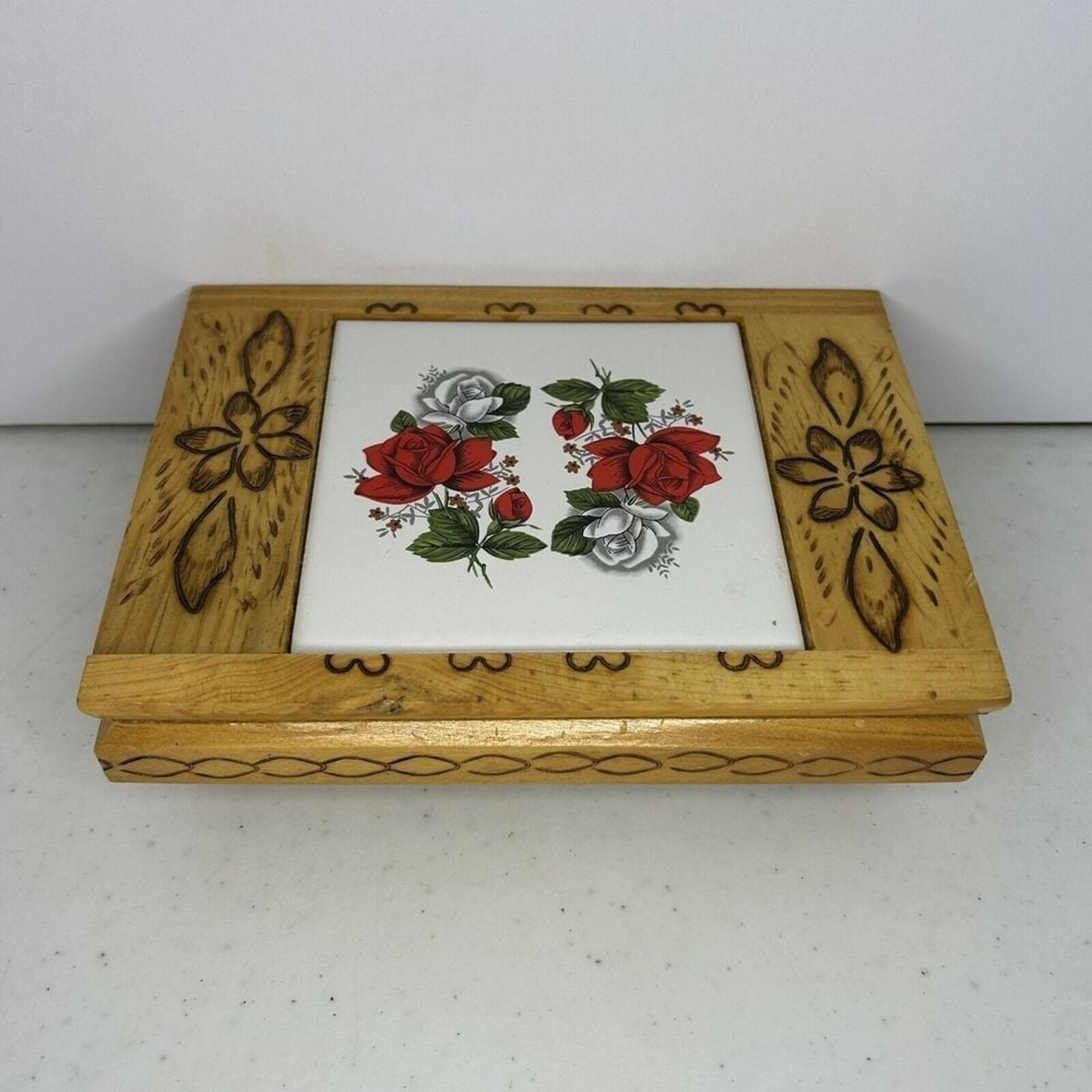 Vintage Hand Crafted Folk Art Wood Jewelry Box With Red Roses Tile