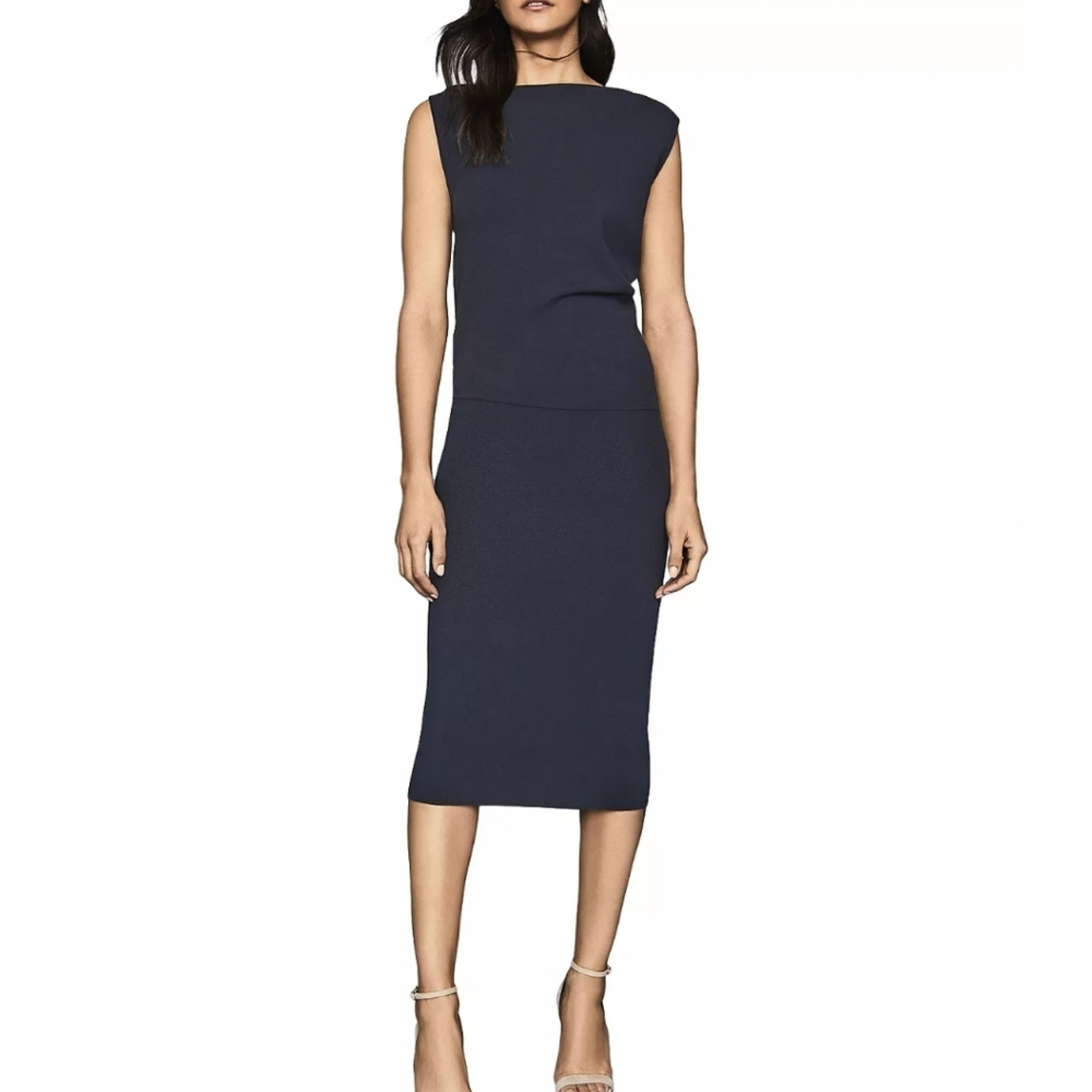 Reiss Claudine Drapped Knitted Bodycon Dress Navy Blue Size XS
