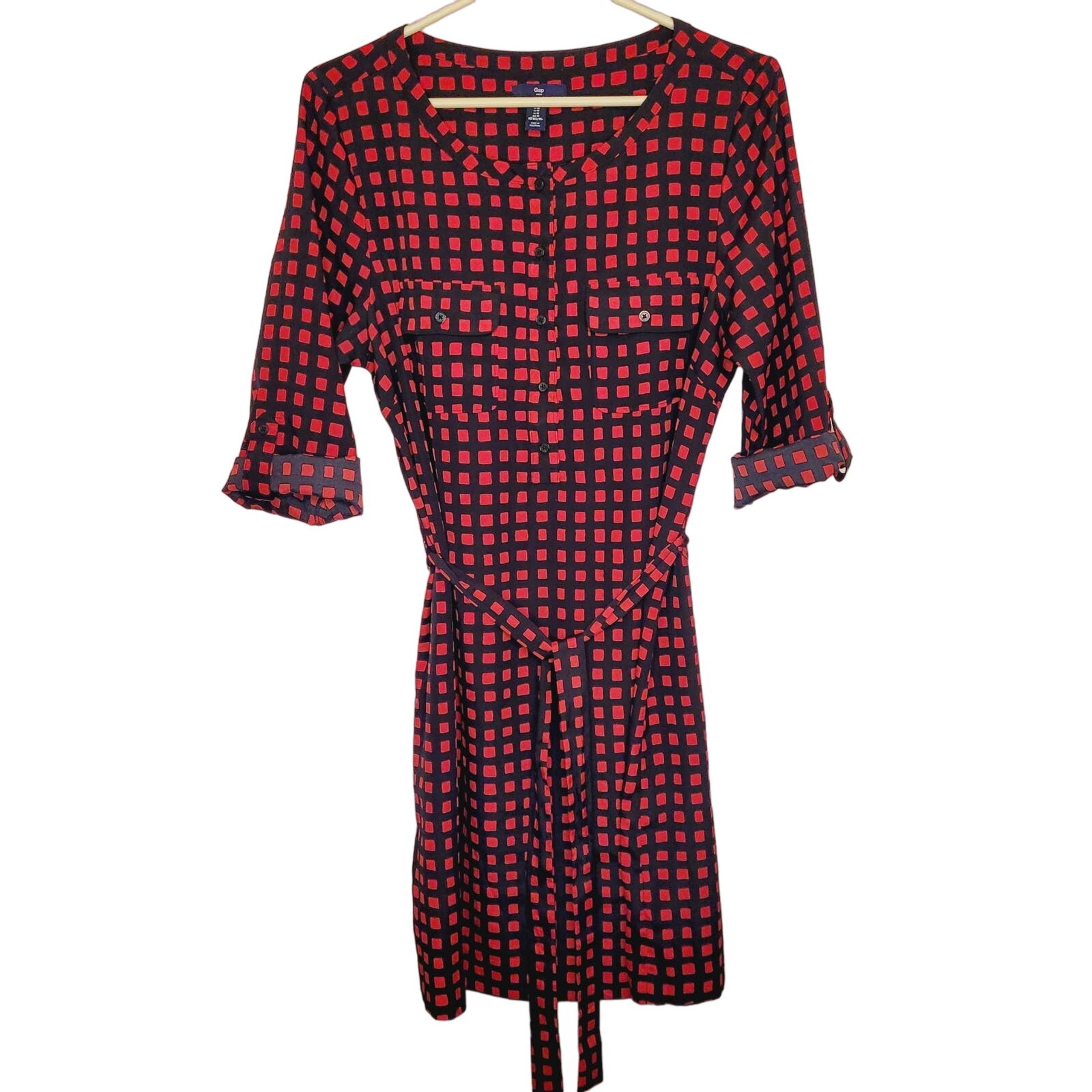 Gap Red And Black Retro Check Print Belted Classic Shirt Dress Size Medium