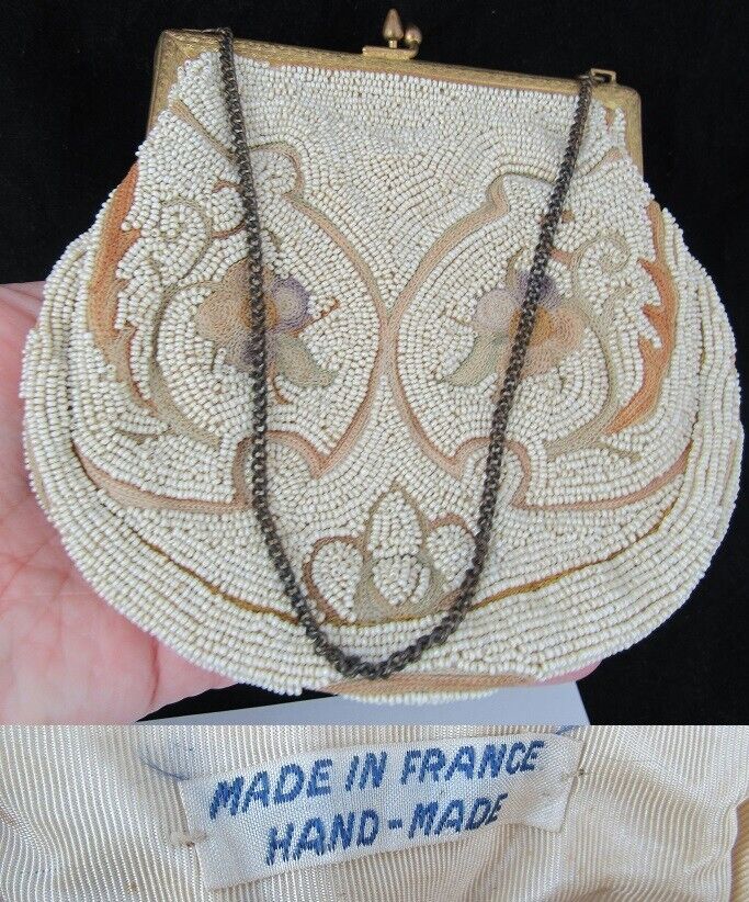 Vintage Hand MADE IN FRANCE Beaded Evening Bag WHITE & GOLD mosaic