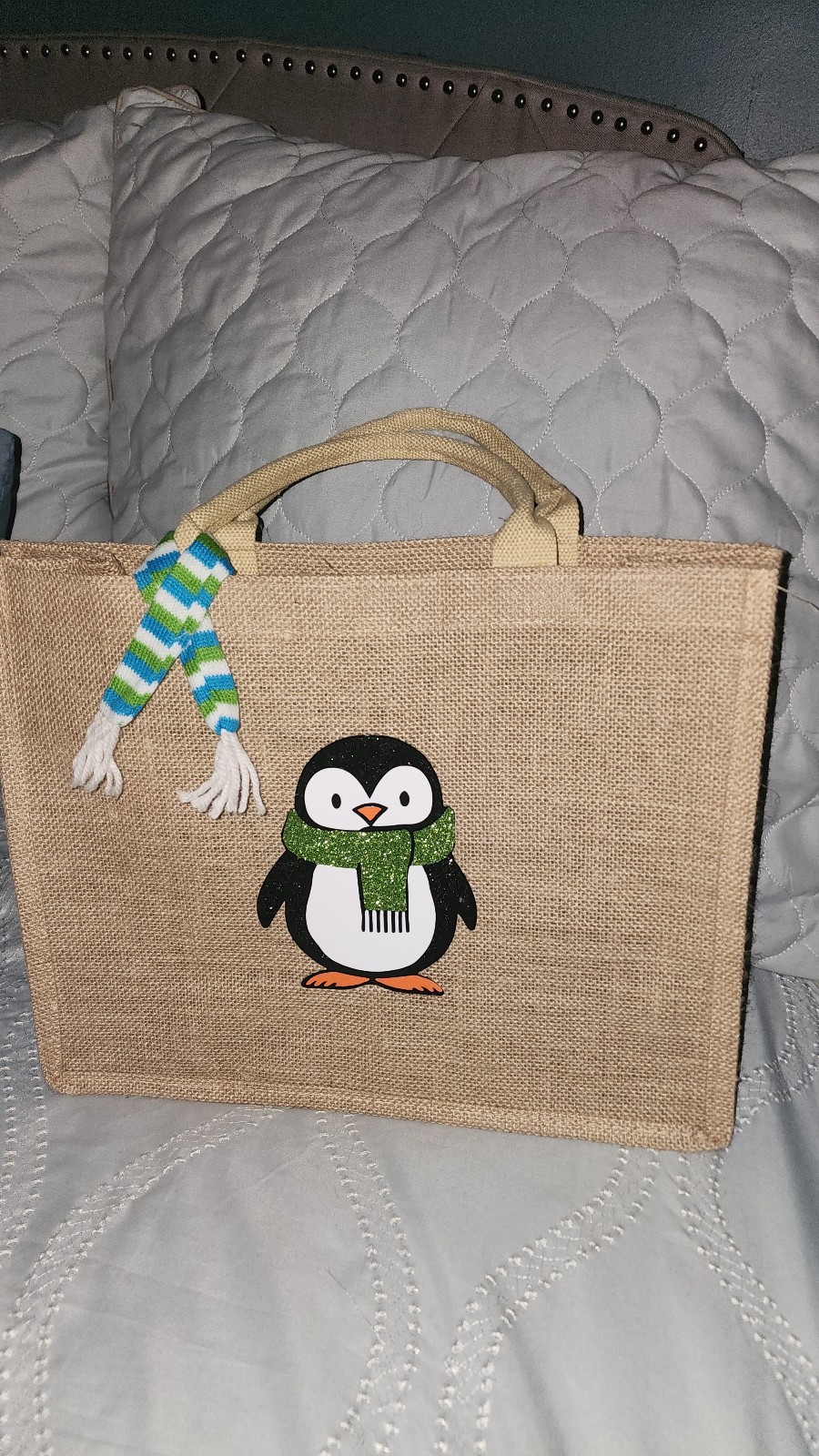 Penguin Burlap Tote Bag