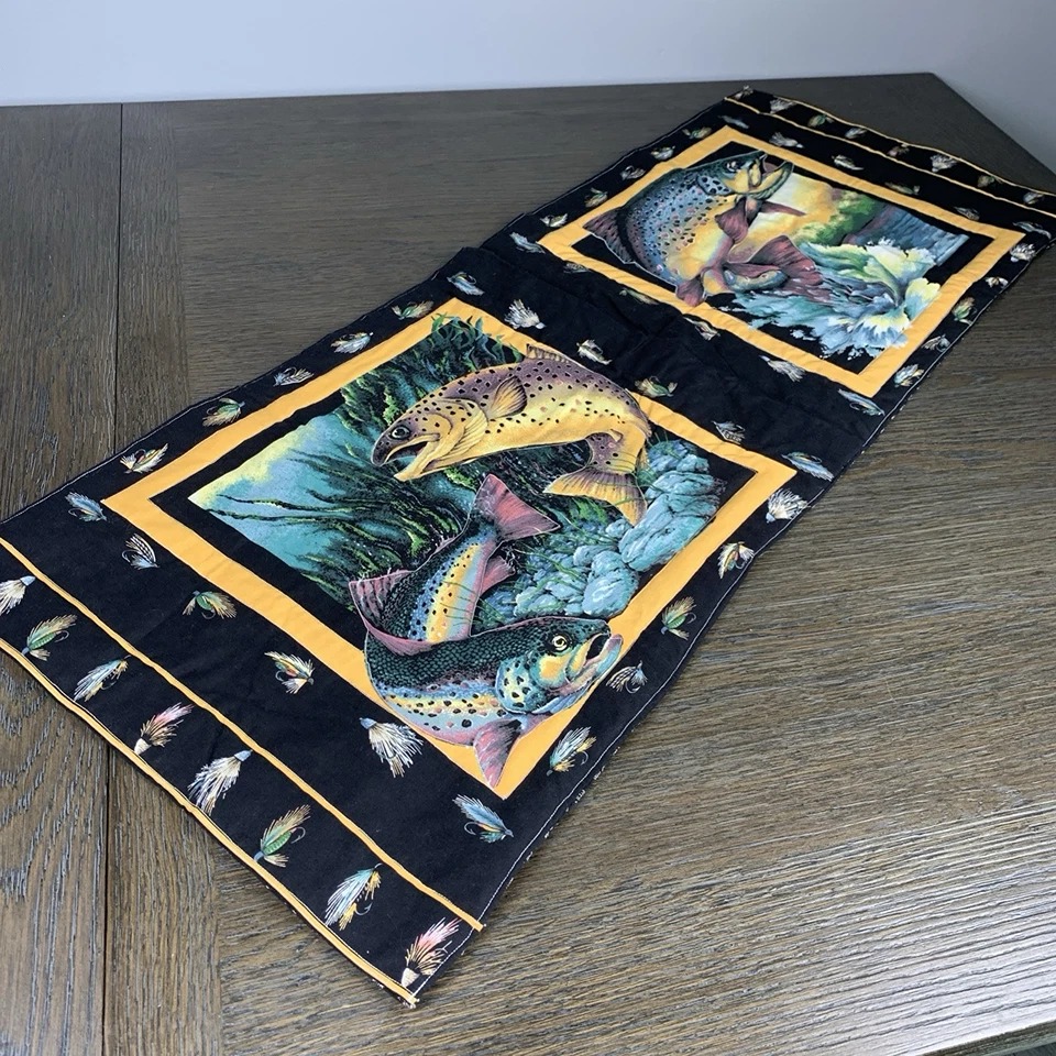 Reversible Handmade Quilted Bass Fish Fishing Table Runner Cabin Decor Fisherman