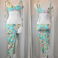 STUNNING FLORAL AND TURQUOISE EXOTIC DANCE WEAR SKIRT SET HANDMADE SIZE SMALL