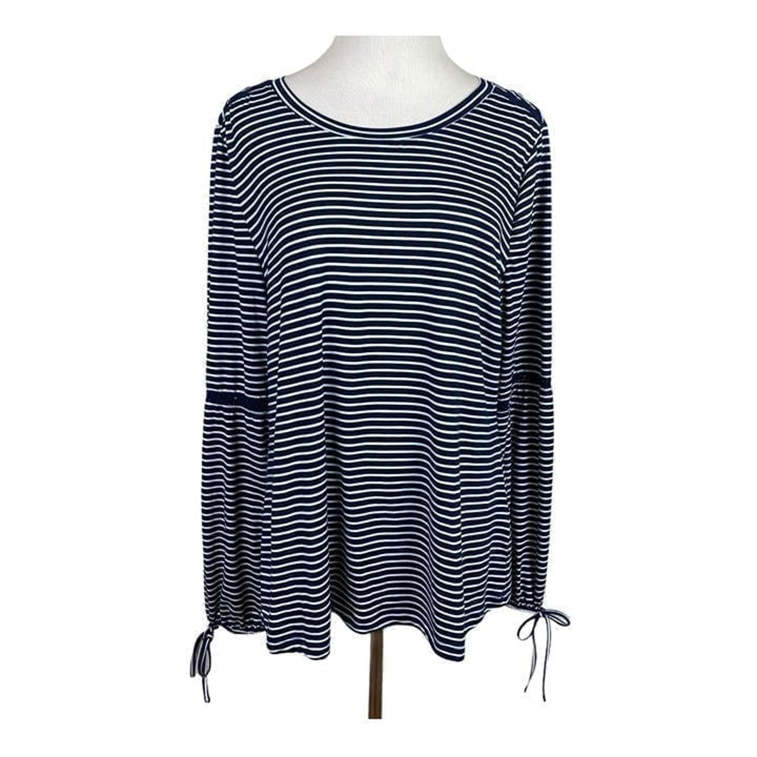 Fred David Top Womens XL Navy Striped Crochet Lace Long Tie Sleeve Scoop Neck