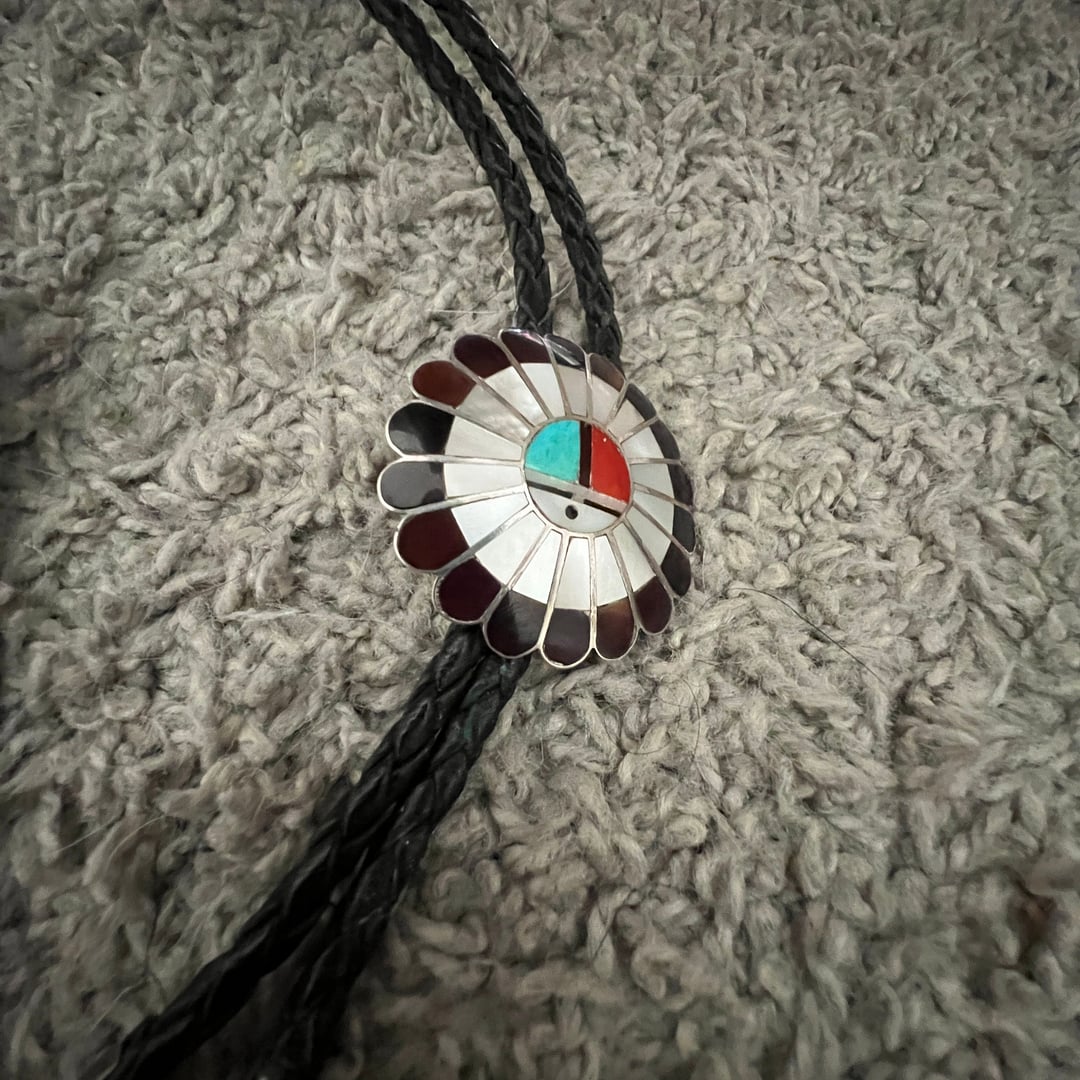 Vintage Zuni Sunface Inlay Bolo Tie—Multi Stone~Native American Jewelry Hallmar