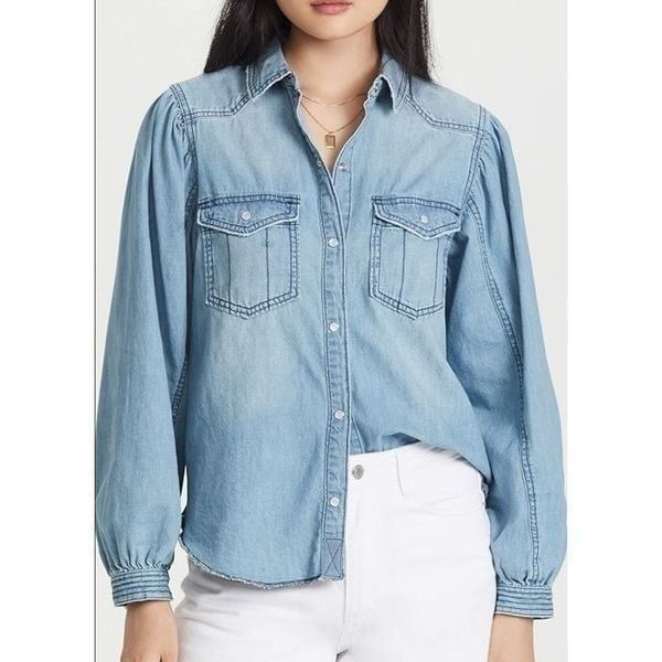 Free People With Love Denim Button-Down Shirt Size Large Boho Western Style