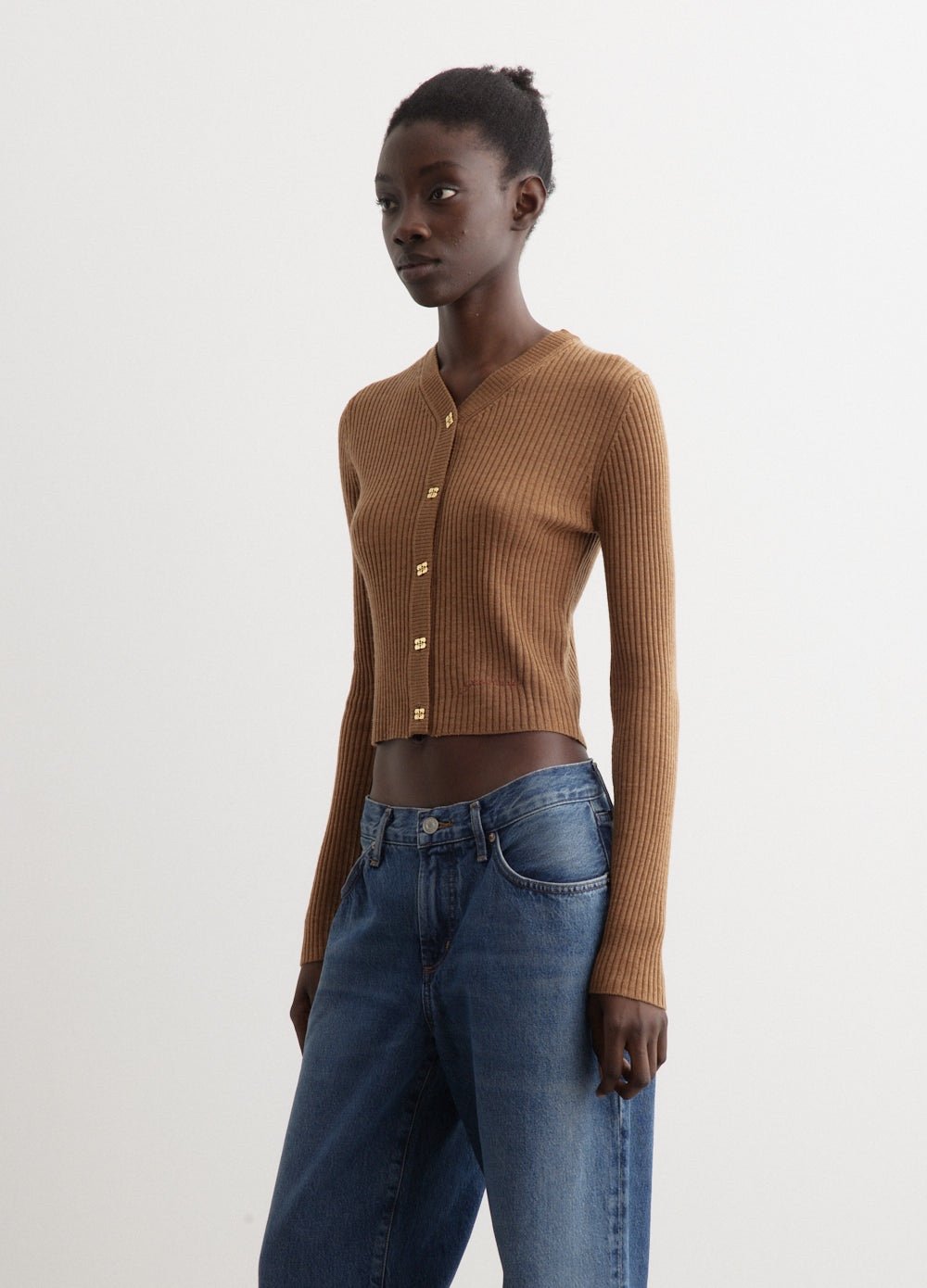 GANNI Mini Ribbed Merino Wool Cardigan In Safari Brown
