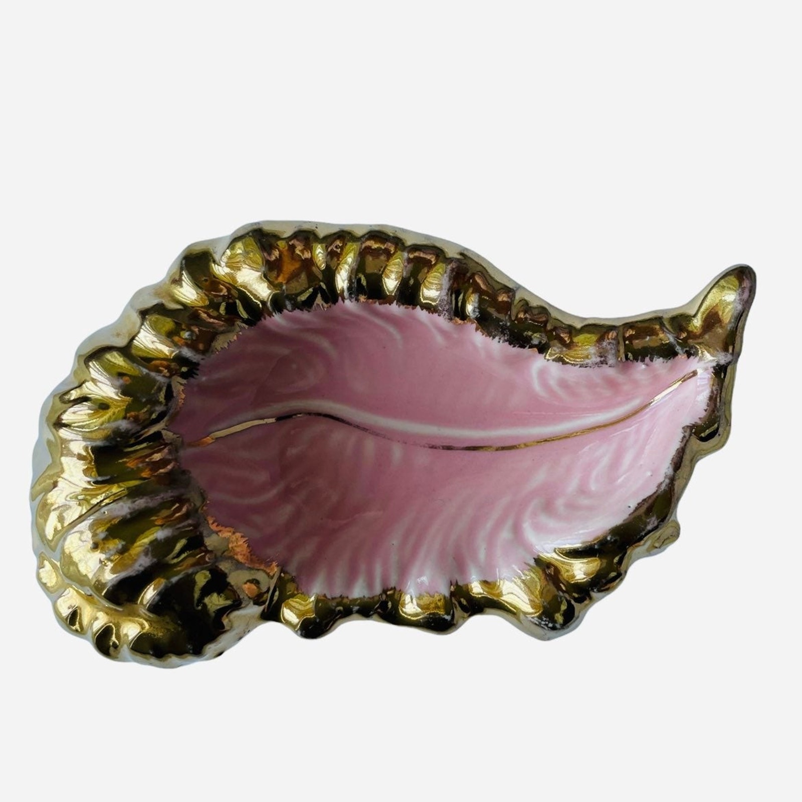 Vintage Bubble Gum Pink Leaf Gold Trim Ceramic Trinket Dish