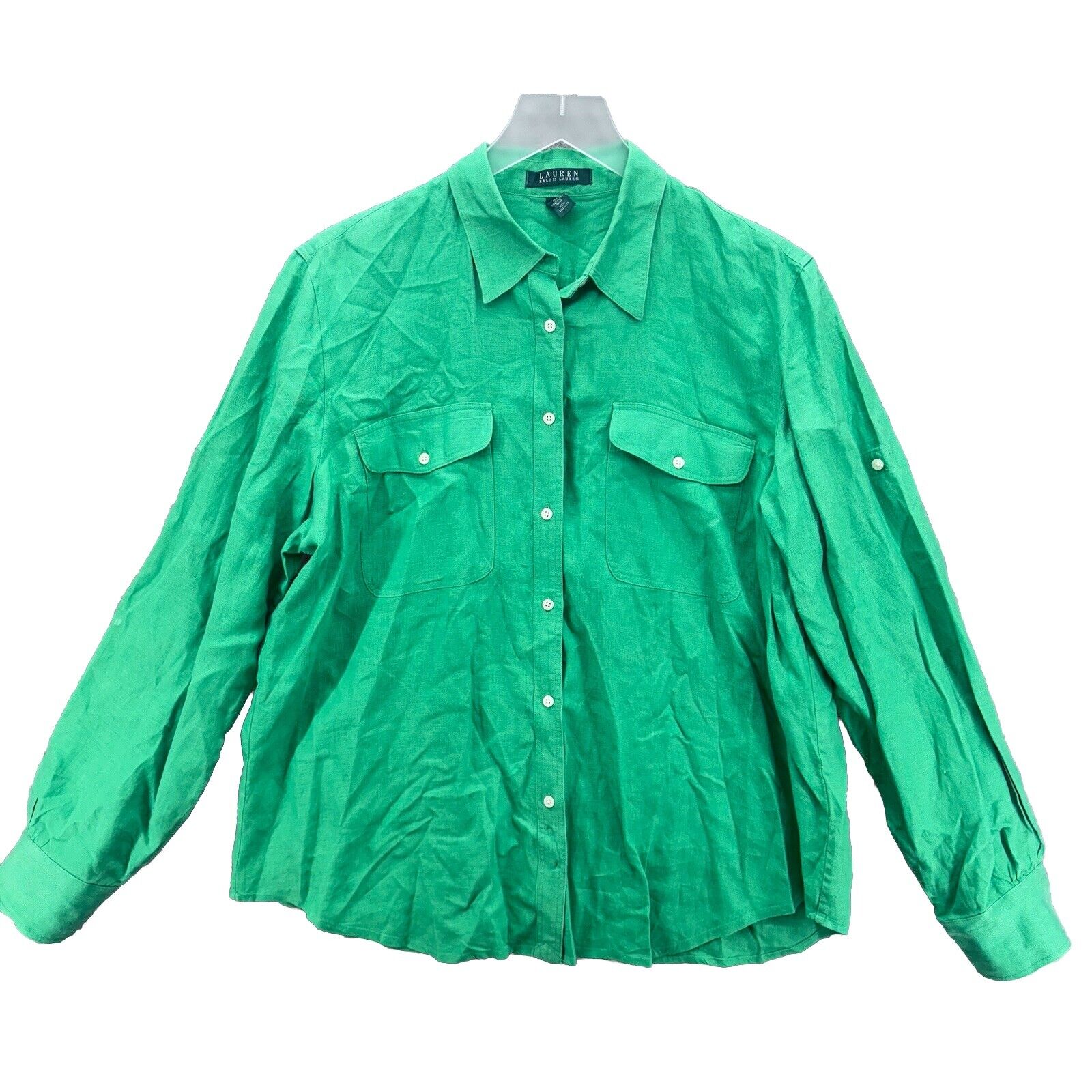 Lauren Ralph Lauren Womens Linen Button Shirt Size XL Green Roll Tab Lightweight