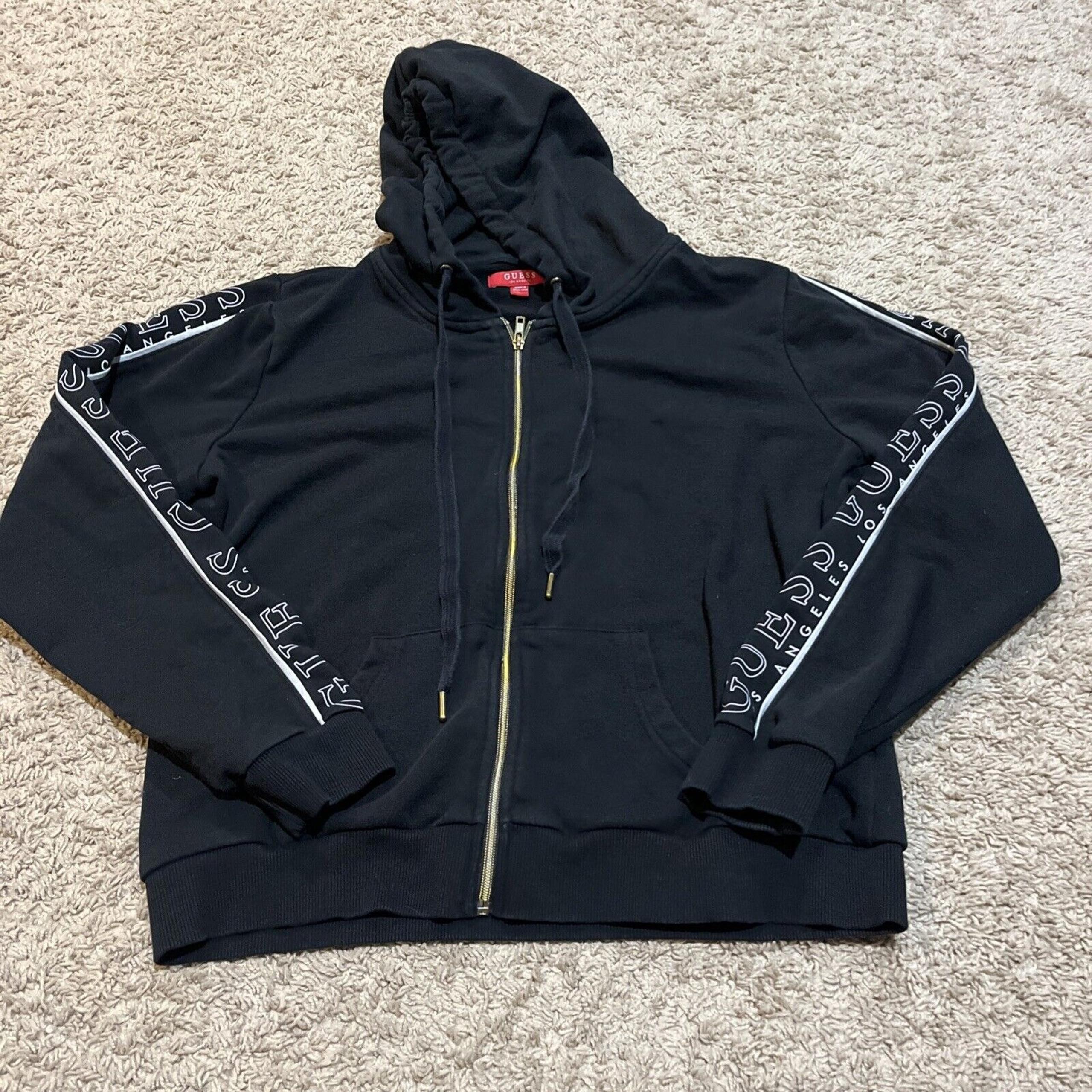 Guess Sweater Womens Large Black Full Zip Long Sleeve Hooded Logo