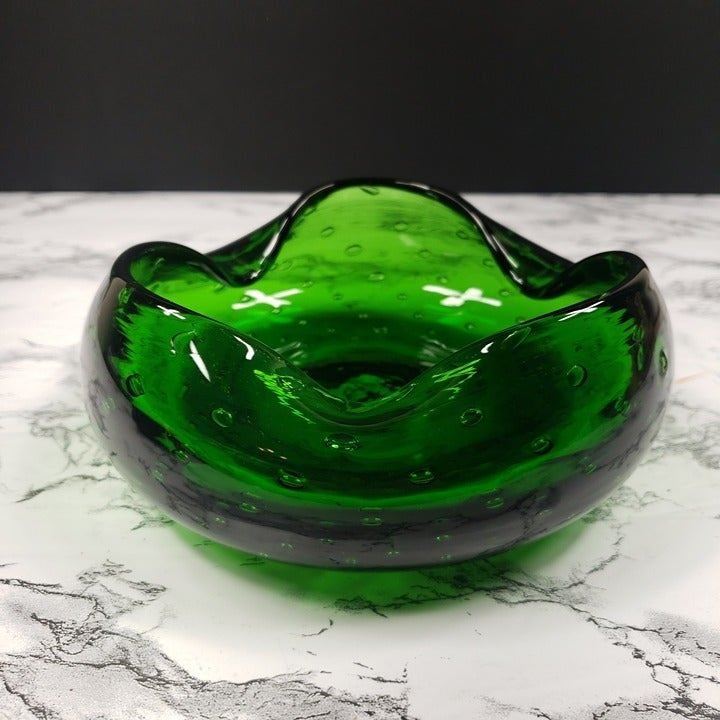 Blenko Bullicante Emerald Glass Crimped Rim Bowl Vintage