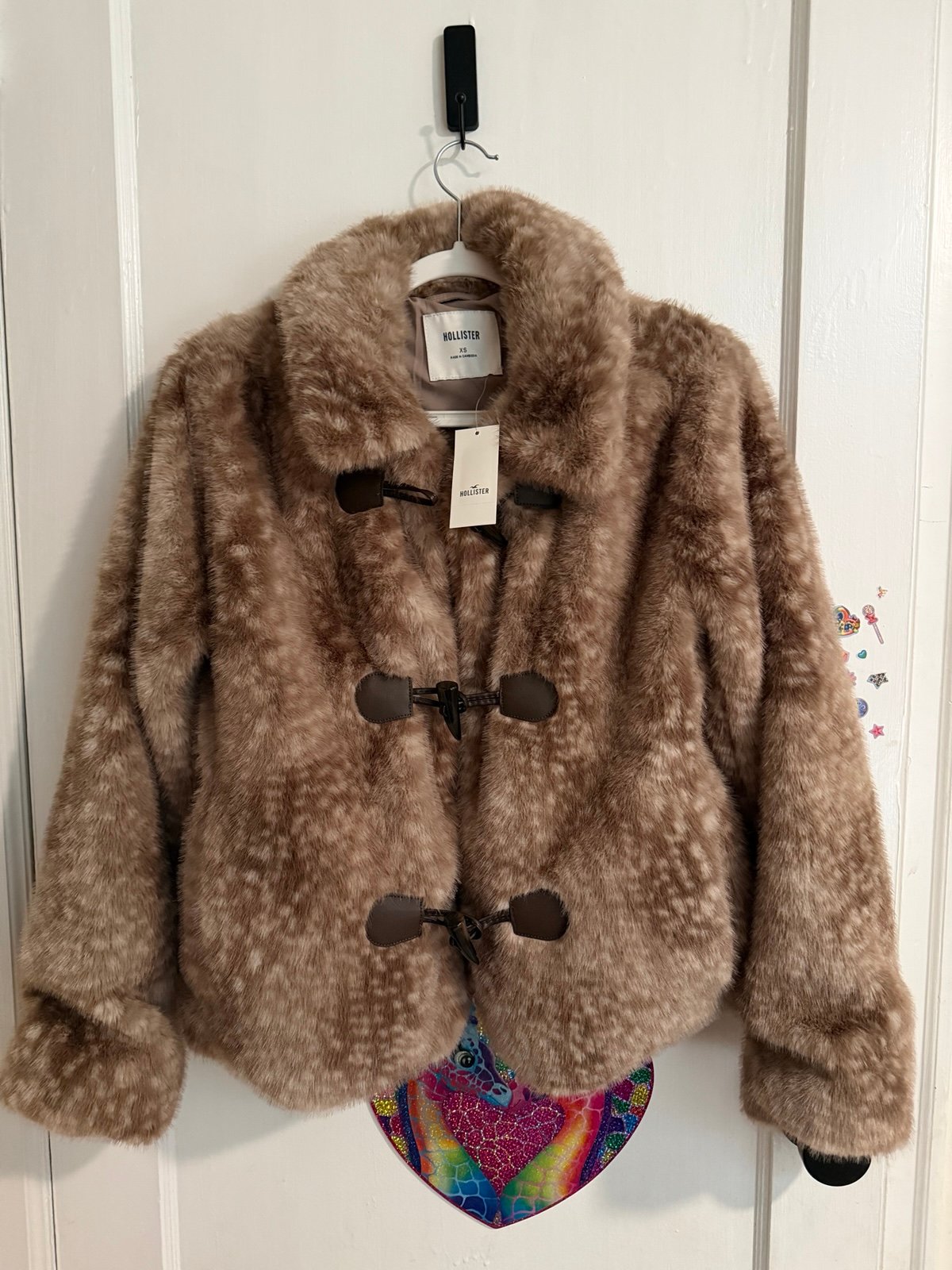 NWT Hollister Doe Fawn Deer toggle faux fur coat xs